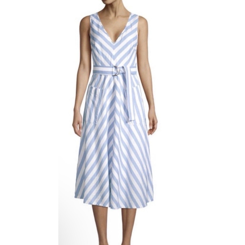 Kate Spade Deck Blue White Stripe Linen Blend V Neck Midi Dress Size 12 Belted